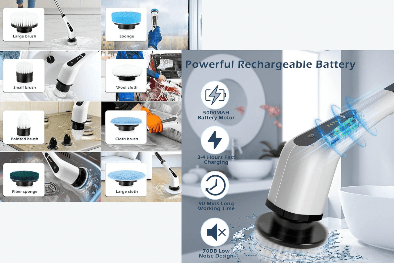 A TASHHAR Electric Spin Scrubber with 9 interchangeable heads. The image shows the various brush and sponge attachments, along with the device itself. Key features include a powerful rechargeable battery, 3-4 hours fast charging, 90 minutes long working time, and a low noise design.