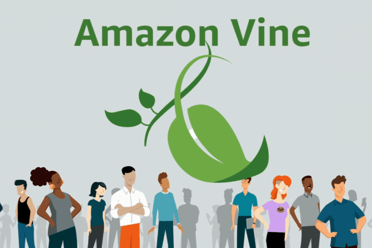 Amazon Vine logo, a green leaf with a vine, surrounded by a diverse group of people, representing the community of Vine Voices who provide honest product reviews.